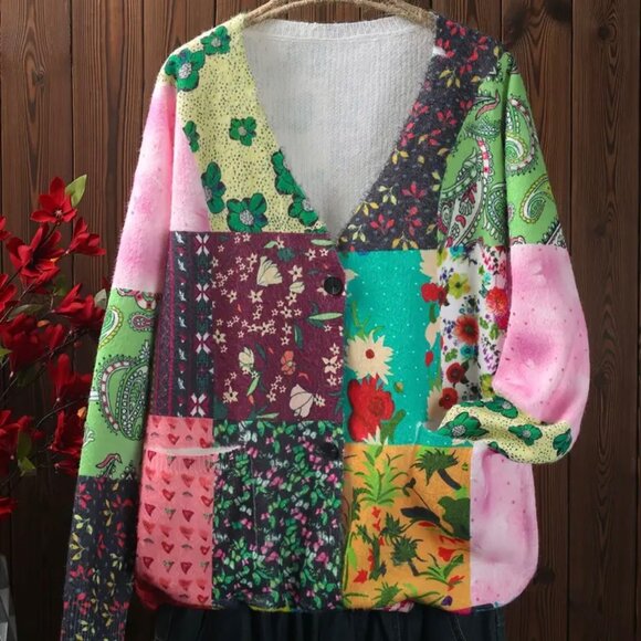 ***NEW STYLE***PATCHWORK OVERSIZED CARDIGAN SWEATER - Picture 2 of 9
